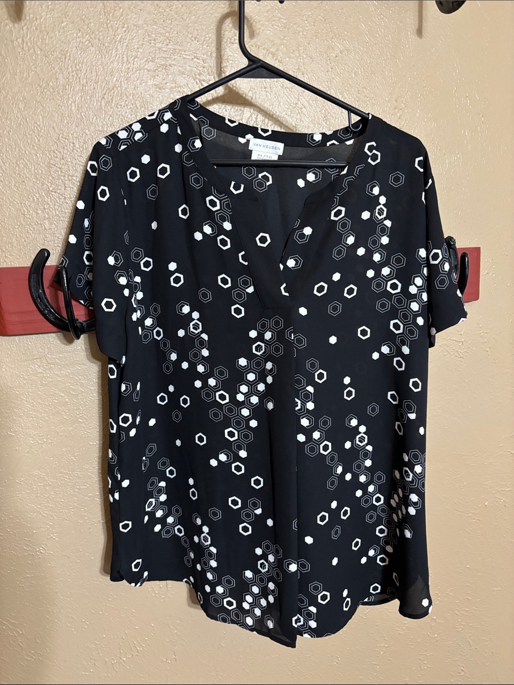 Van Heusen Black and White Hex Print Short Sleeve Blouse